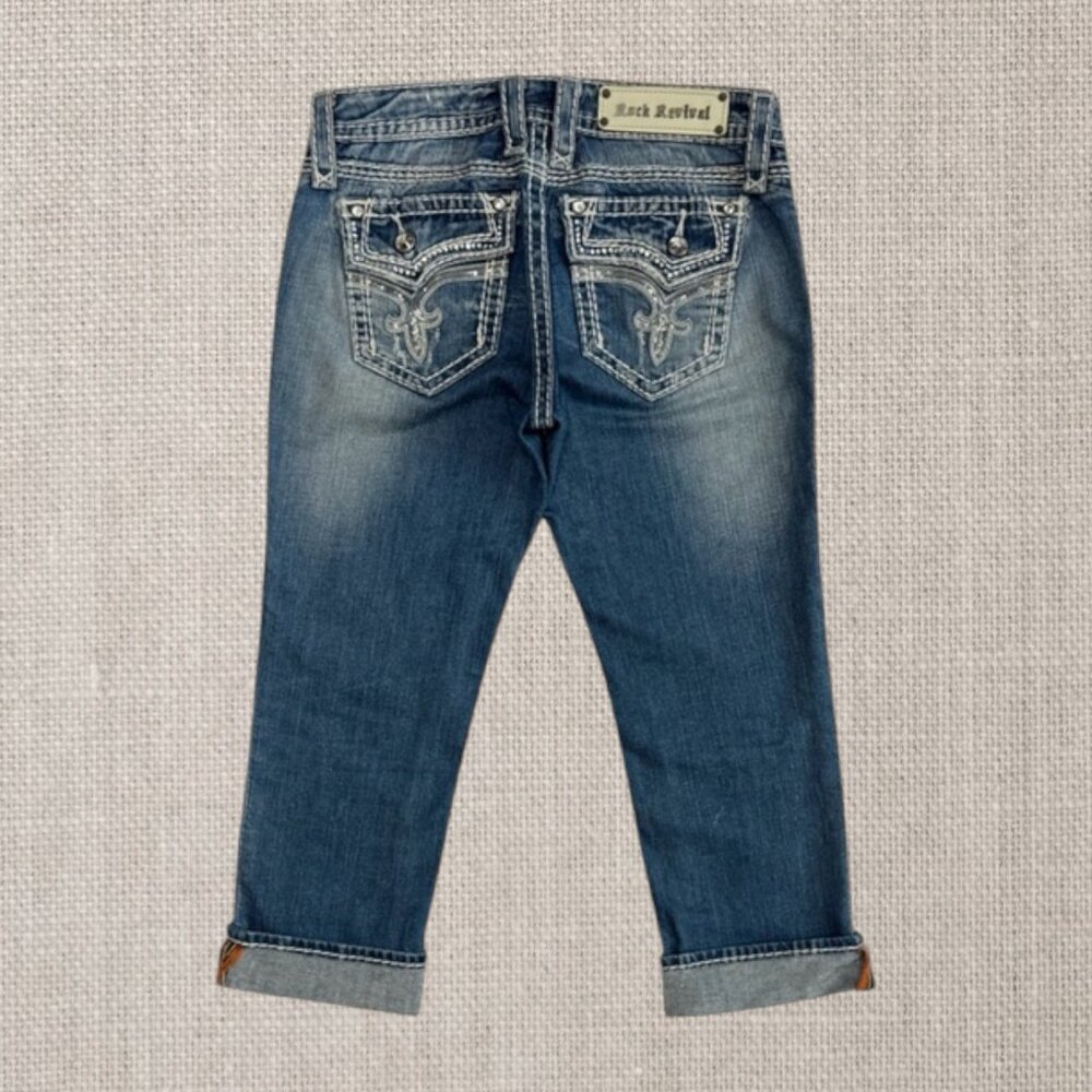 Rock Revival Kai Capri Distressed Low-Rise Rhinestone Embellished Denim Jeans 26 - Picture 1 of 16